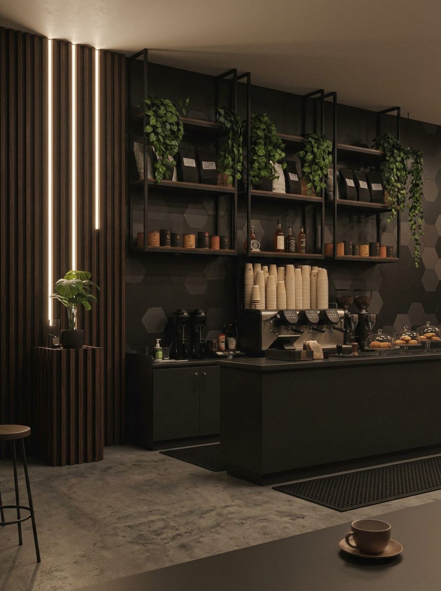 Το εσωτερικό του Kof Espresso Room με ξύλινο τοίχο, θερμό φωτισμό, μηχανή espresso και κούπες take away